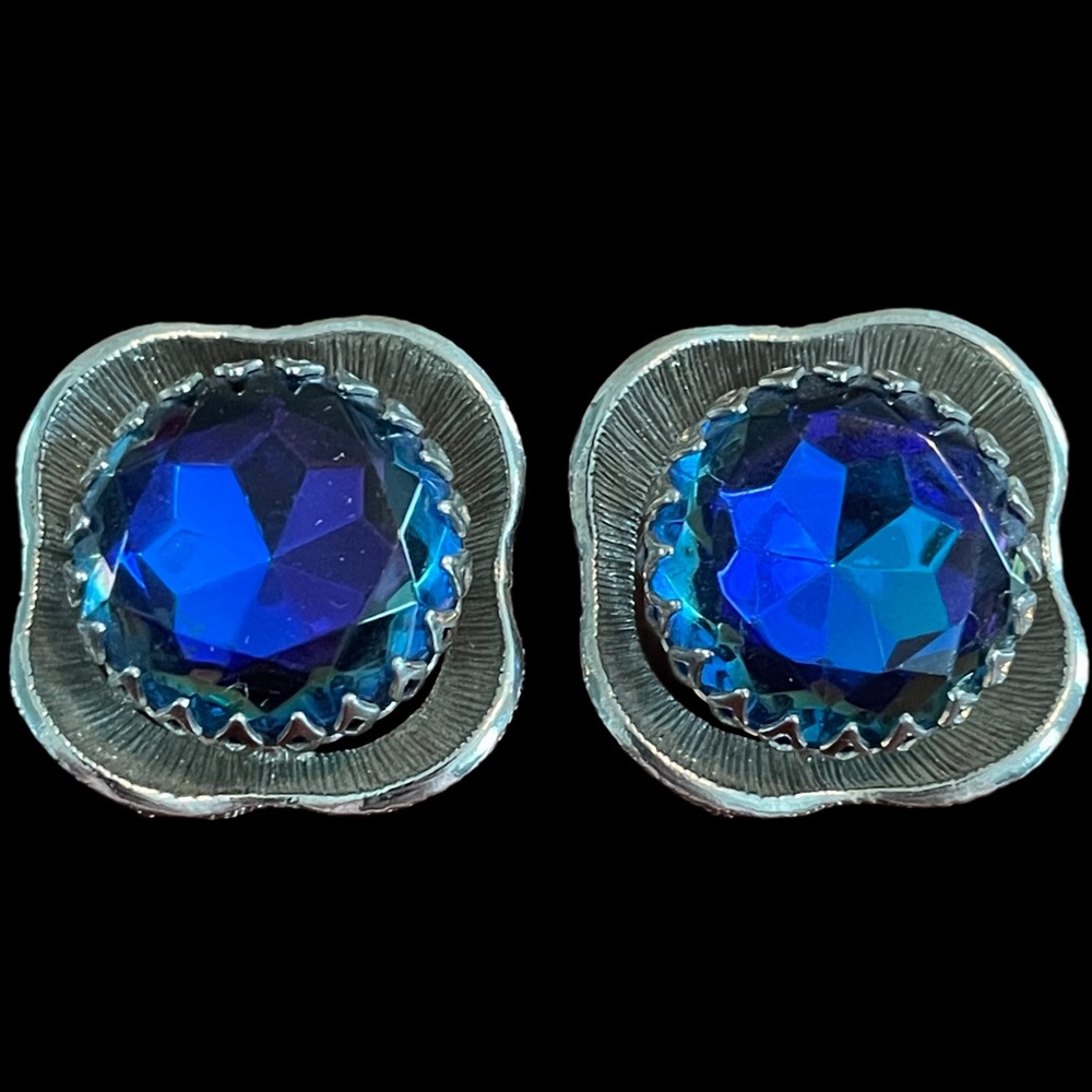 Vintage Peacock Blue Crystal Clip-On Earrings